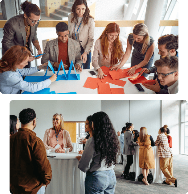 Top image: Group assembling colored papers in geometric shapes. Bottom image: People conversing around high tables indoors.